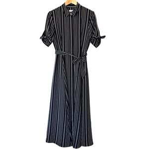 Calvin Klein Shirt Dress Size 6 Black White Stripe Collar Belt Pockets
